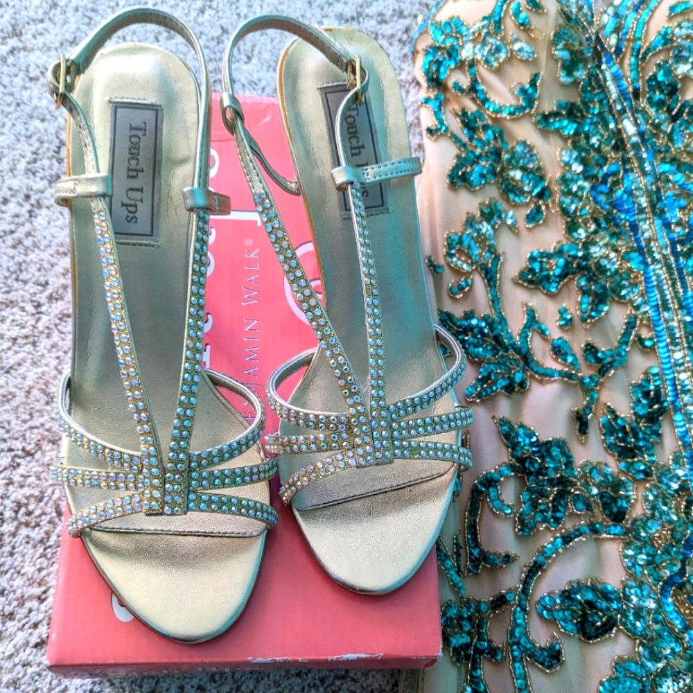 Strappy Gold and Crystal High Heels Size 7.5